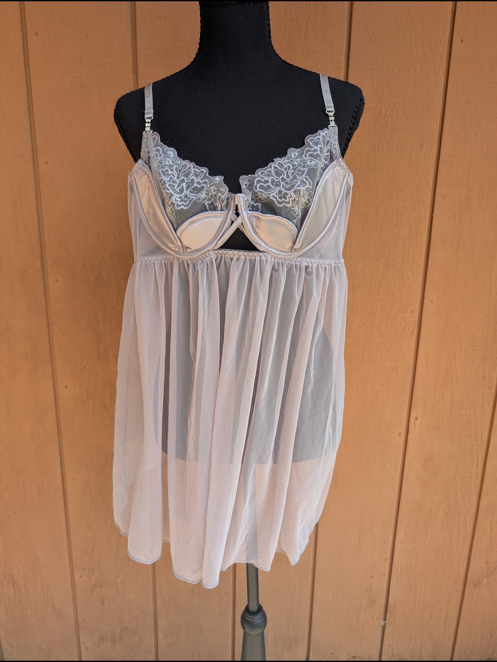 House Of Desire Sheer Lace Trim Eden Babydoll Chemise in Grey 3x/4x Plus New